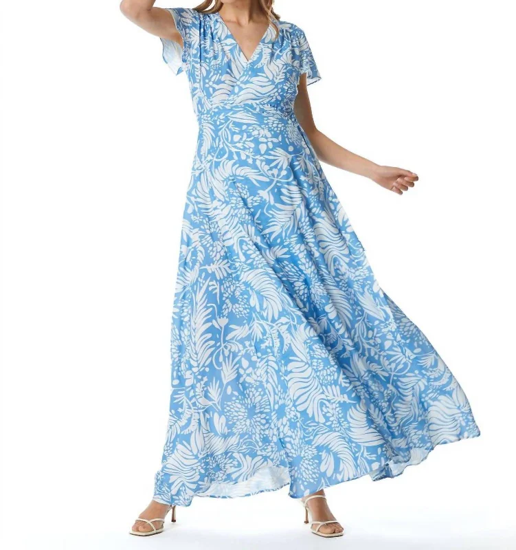 Online Specials Elizabeth Maxi Chiffon Dress In Blue Leaf