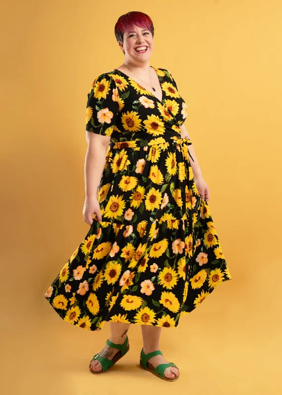 Price Cut Solana Black Sunflower Print Tiered Hem Cotton Midaxi Dress