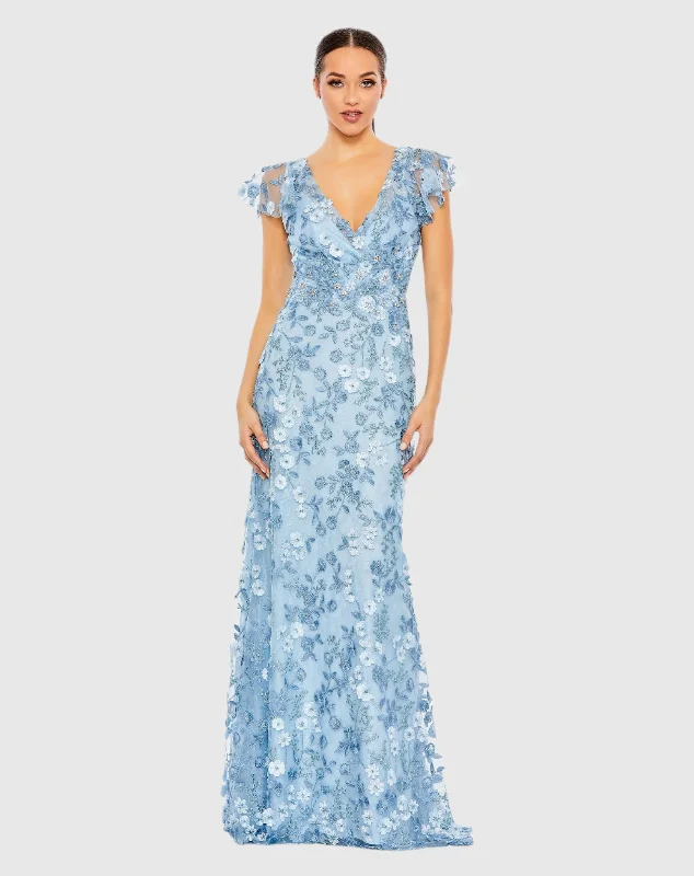 Closeout Blue Embroidered Applique Wrap Over Flutter Sleeve Gown