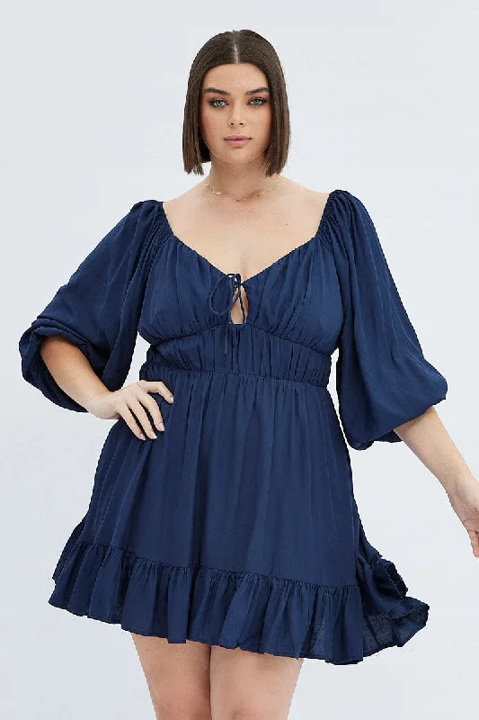 Big Discounts Blue Fit And Flare Dress 3/4 Sleeve Tiered Cut Out