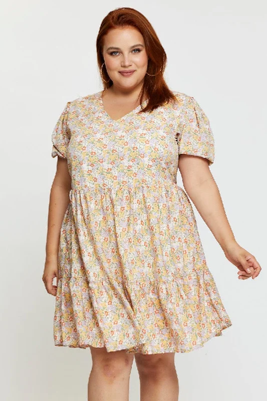 Special Discount Ditsy Print Smock Dress V-neck Short Sleeve