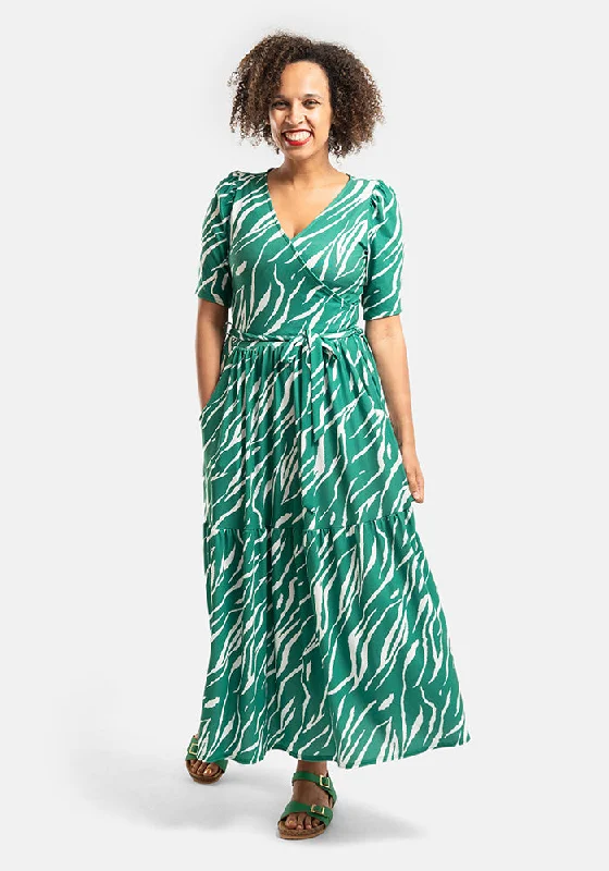 Huge Discounts Audra Green Tiger Stripe Print Tiered Hem Midaxi Dress