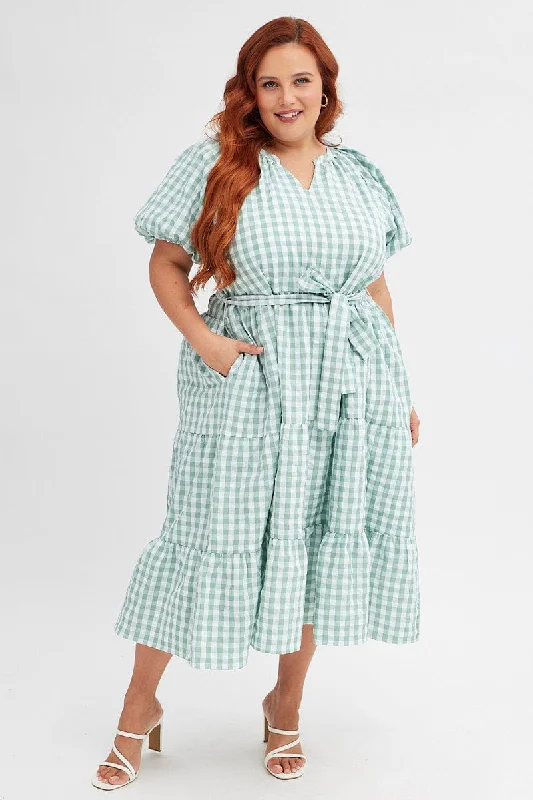 Flash Deals Green Check Midi Dress Gingham Tie Waist Collared