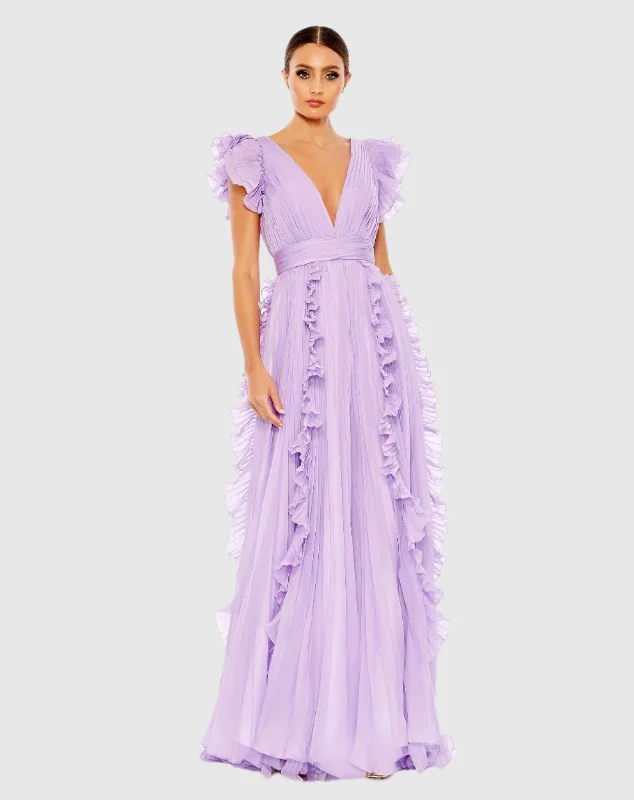 TIME-Limited Offer Purple Pleated Ruffle Cap Sleeve Flowy A Line Gown