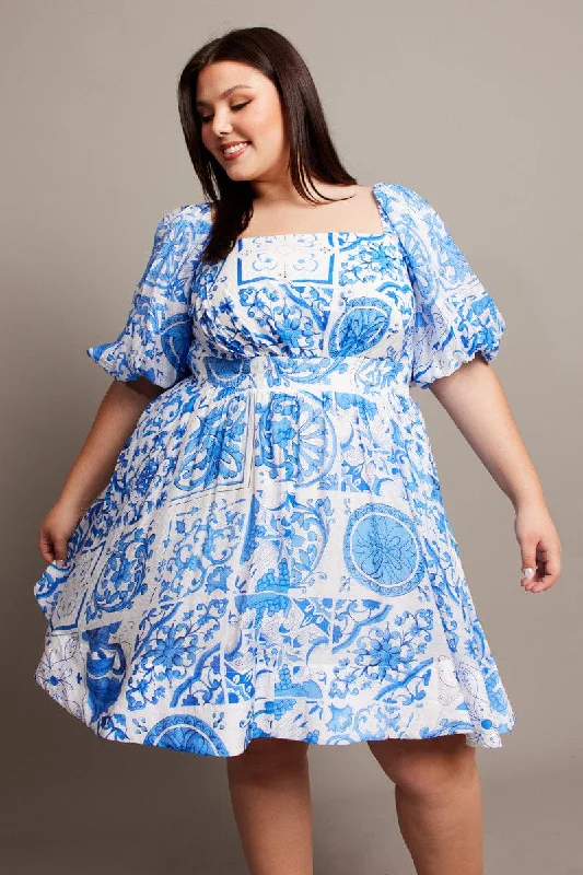 Limited Availability Blue Boho Puff Sleeve Minidress