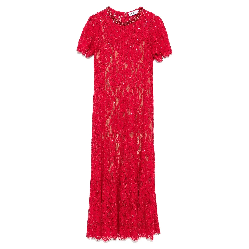 Deep Discounts Red Sequin Lace Midi Dress