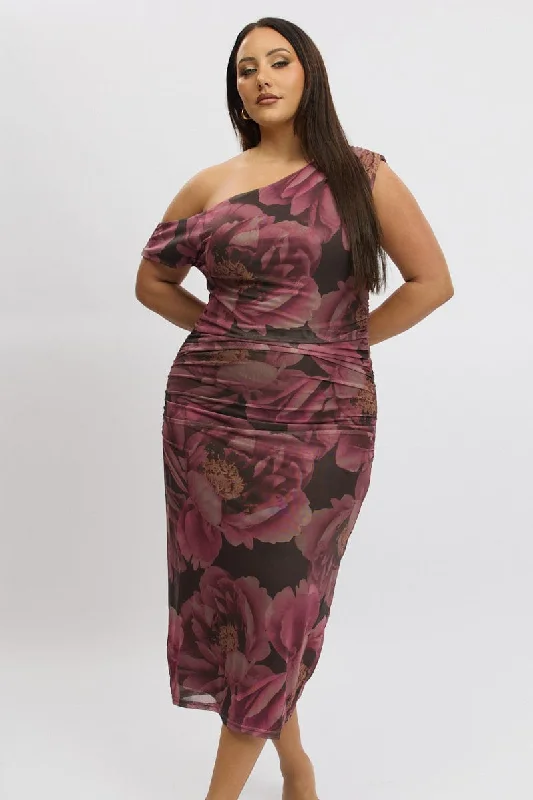 Major Savings Multi Floral One Shoulder Asymmetric Dress