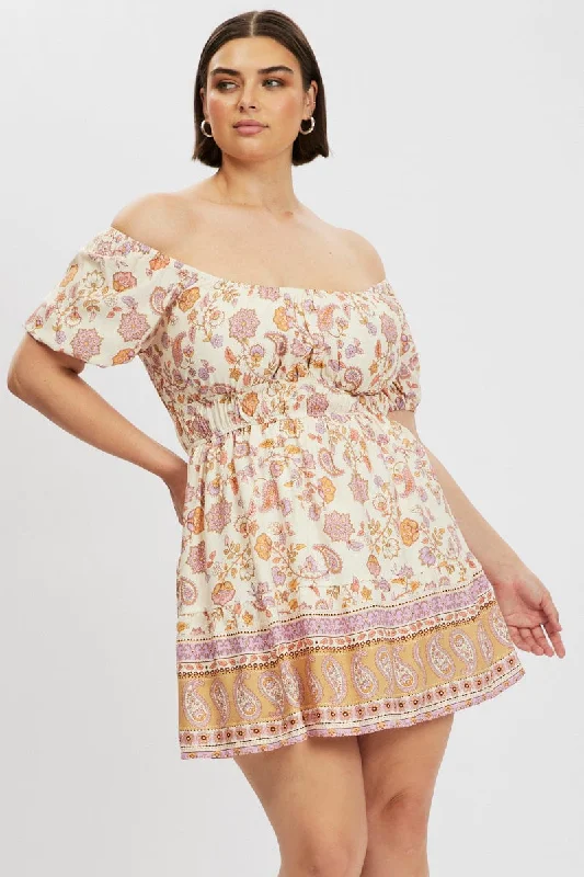 Limited Stock Beige Boho Off Shoulder Minidress