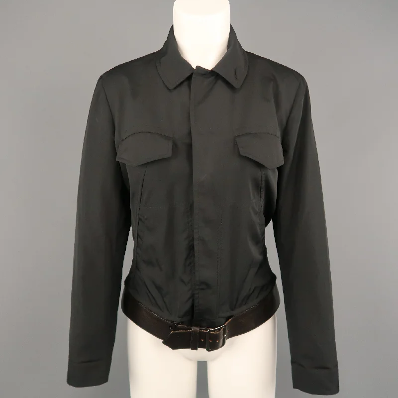 Bargain Bin JEAN PAUL GAULTIER Size 8 Black Hidden Placket Brown Belt Trucker Jacket