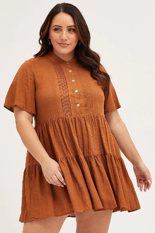 Don’t Miss Out Brown Skater Dress V-neck Three-Quarter Sleeve Button