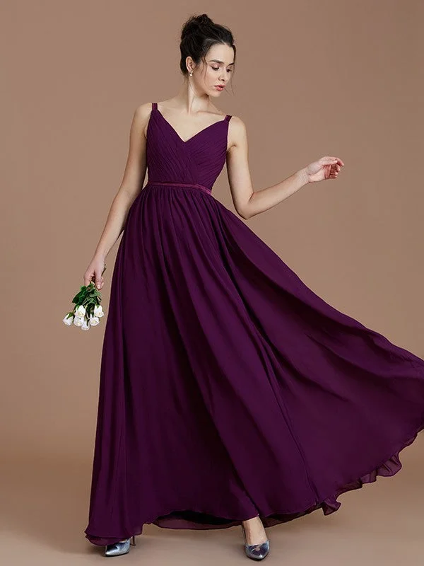 Anniversary Sale A-Line/Princess V-neck Sleeveless Ruched Floor-Length Chiffon Bridesmaid Dresses