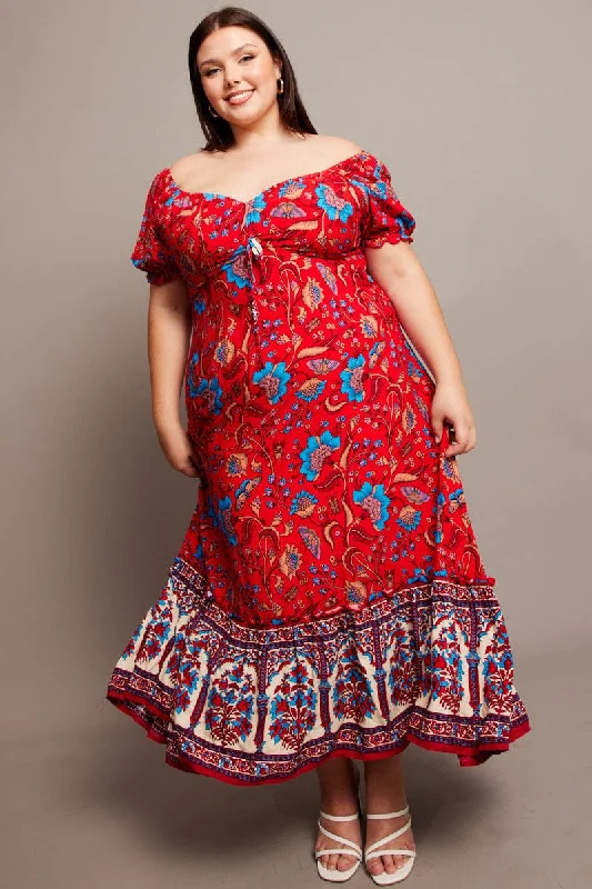 Great Deals Red Boho Puff Sleeve Maxi Dress High Low Hem
