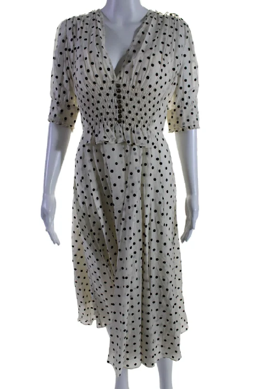 Midnight Madness Catherine Deane Womens Short Sleeve V Neck Polka Dot Midi Paz Dress White