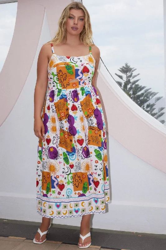 New Arrival Multi Abstract Midi Dress Sleeveless Linen Blend