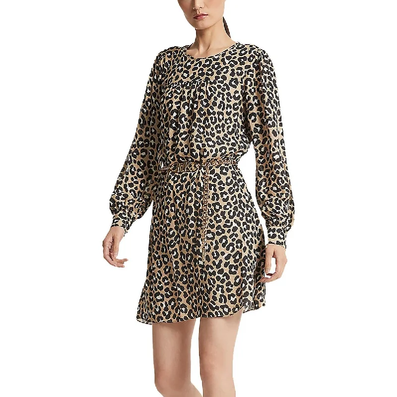 Anniversary Sale Cheetah Womens Long Sleeve Belted Mini Dress