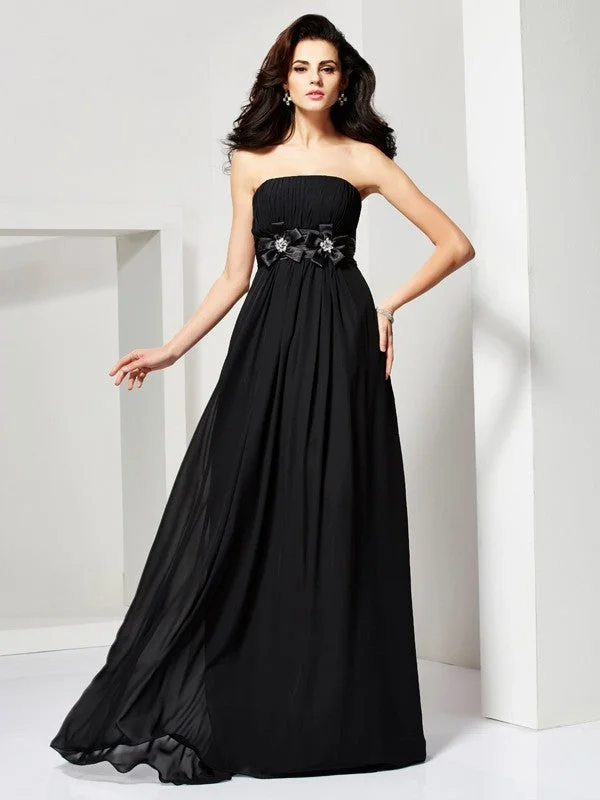 Bargain Prices A-Line/Princess Strapless Sleeveless Hand-Made Flower Long Chiffon Dresses Bargain Prices A-Line/Princess Strapless Sleeveless Hand-Made Flower Long Chiffon Dresses