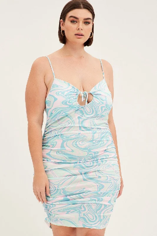 Final Sale Blue Abstract Bodycon Dress Drawstring Keyhole Ruched Side