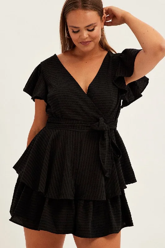 The Best Prices Black Short Playsuit Flare Sleeve Textured Stripe