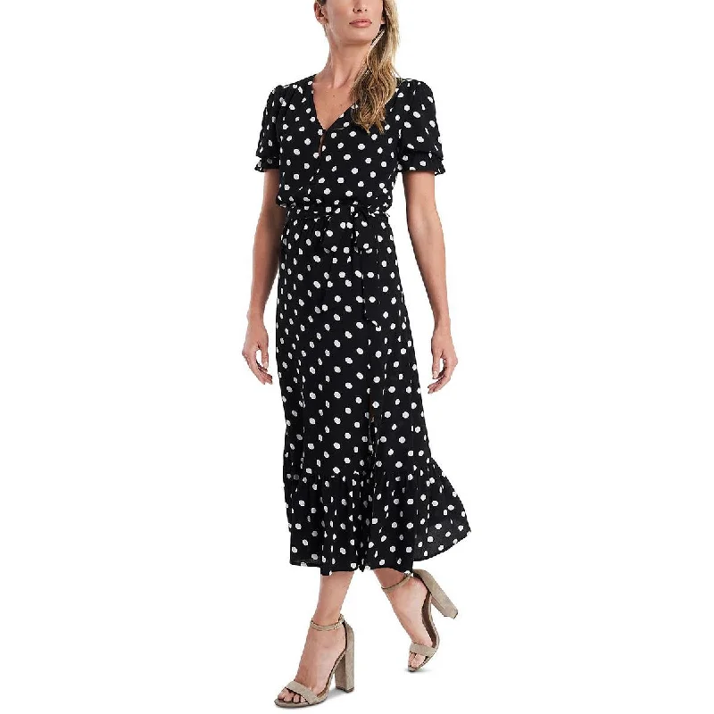 Midnight Madness Womens Polka Dot Button Front Midi Dress