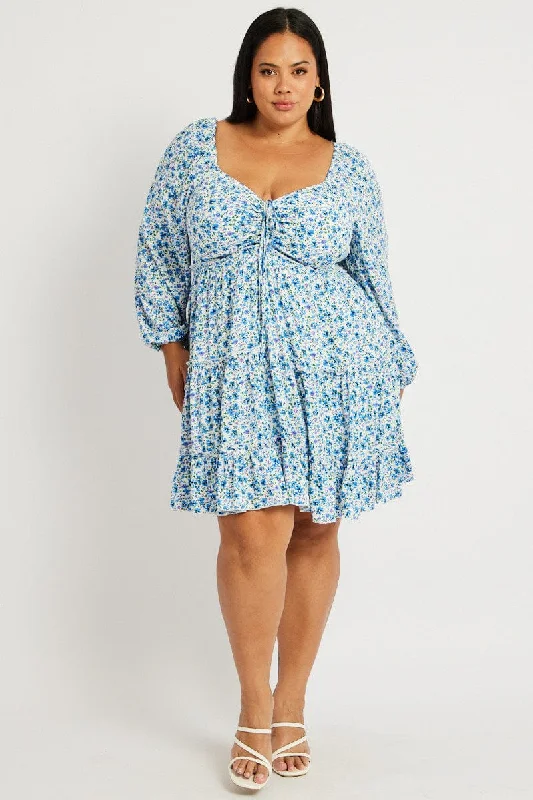 The Best Prices Blue Ditsy Long Sleeve Tie Front Ditsy Dress