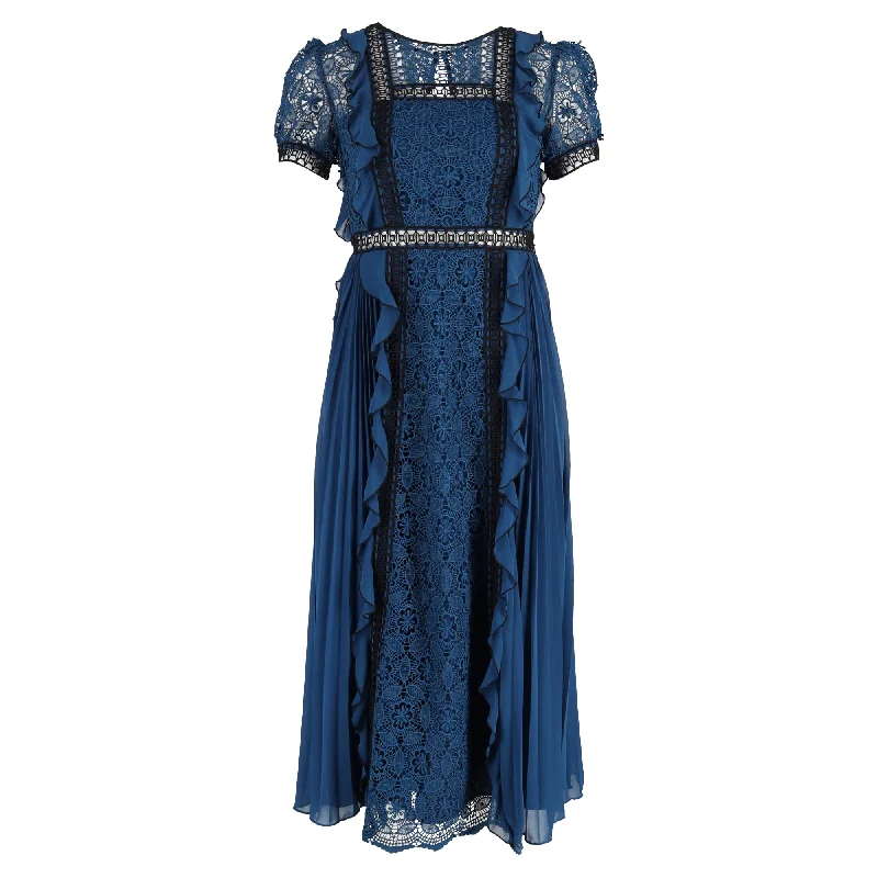 Don't Wait Self-Portrait Ruffled Guipure Lace And Pleated Crepe Midi Dress In Blue Polyester