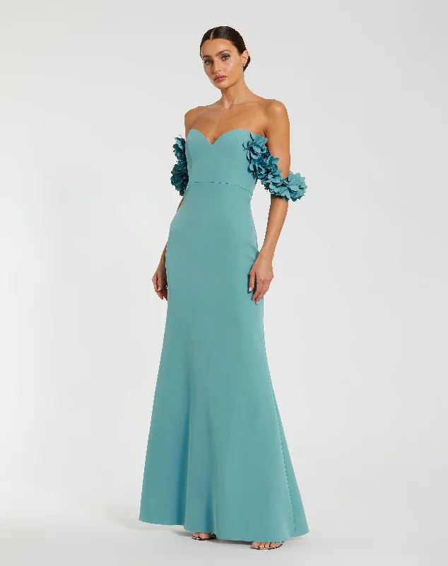 Deal Alert Blue Crepe Off The Shoulder Gown With 3D Flowers