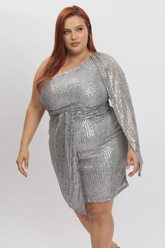 Stock Clearance Metallic Draped Sequin One Shoulder Minidress