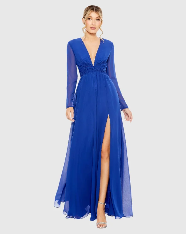 New Deals Blue V-Neck Front Twist Long Sleeve Gown