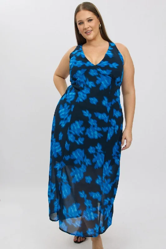 Year-End Clearance Blue Abstract Maxi Dress Sleeveless