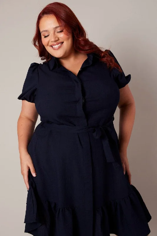 Closeout Sale Blue Short Sleeve Mini Puff Sleeve Shirtdress