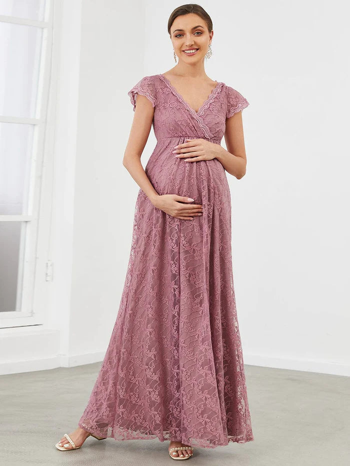Super Deal A-Line Lace V-Neck Short Sleeve Maternity Dress