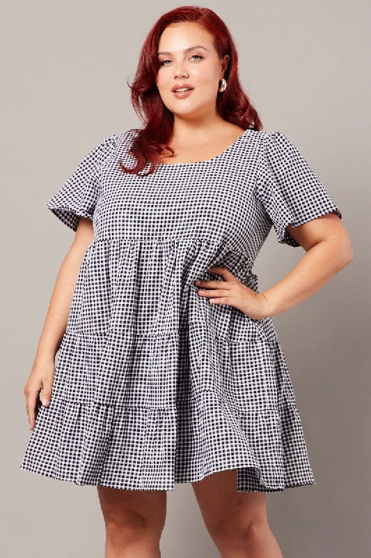 Special Savings Black Check Smock Dress Flare Sleeve Tiered Round Neck