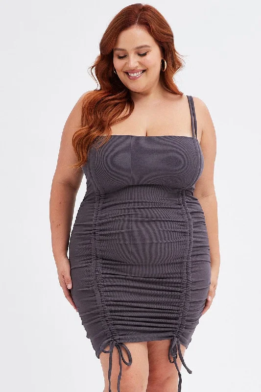 Holiday Sale Grey Bodycon Dress Sleeveless Ruched Rib