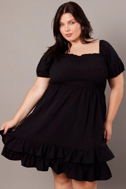 Special Price Black Shirred Mini Dress Sweetheart Neck