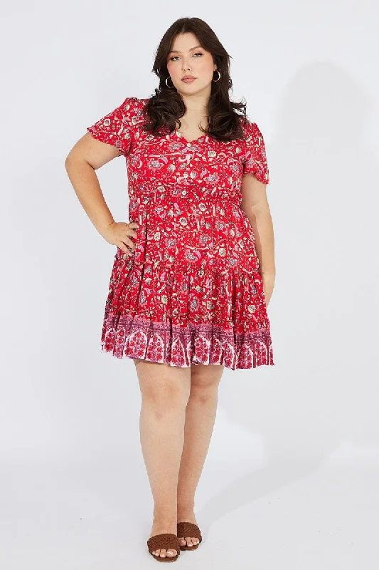 Limited Time Offer Red Boho Fit And Flare Dress V-neck Mini Dress