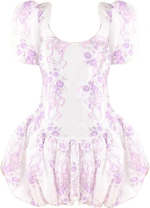 Online Exclusive LOVESHACKFANCY Women Nelisia White Purple Floral Print Bubble Hem Mini Dress Online Exclusive LOVESHACKFANCY Women Nelisia White Purple Floral Print Bubble Hem Mini Dress