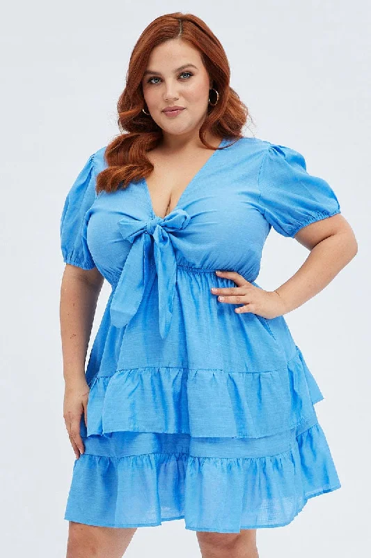 Markdowns Blue Frill Dress Short Sleeve Tie Front Mini