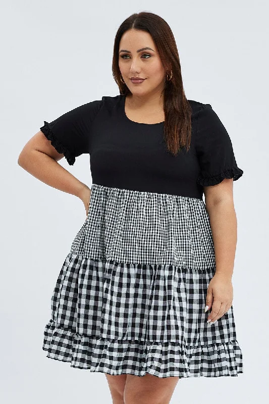 Super Deal Black Check Mini Dress Short Sleeve Tiered