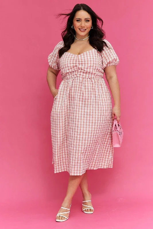 Best Seller Pink Check Midi Dress Ruched Bodice Gingham Puff Sleeve