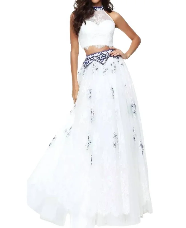 Seasonal Clearance Two-Piece Keyhole Prom Dress In Ivory/royal