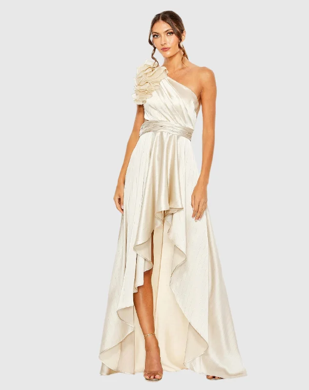 New Markdowns Beige Ruffled One Shoulder Cut Out Hi-Low Gown