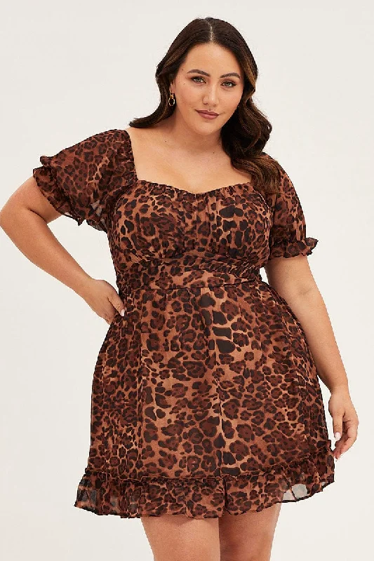 Deal of the Day Animal Print Chiffon Short Sleeve Tie Back Dress
