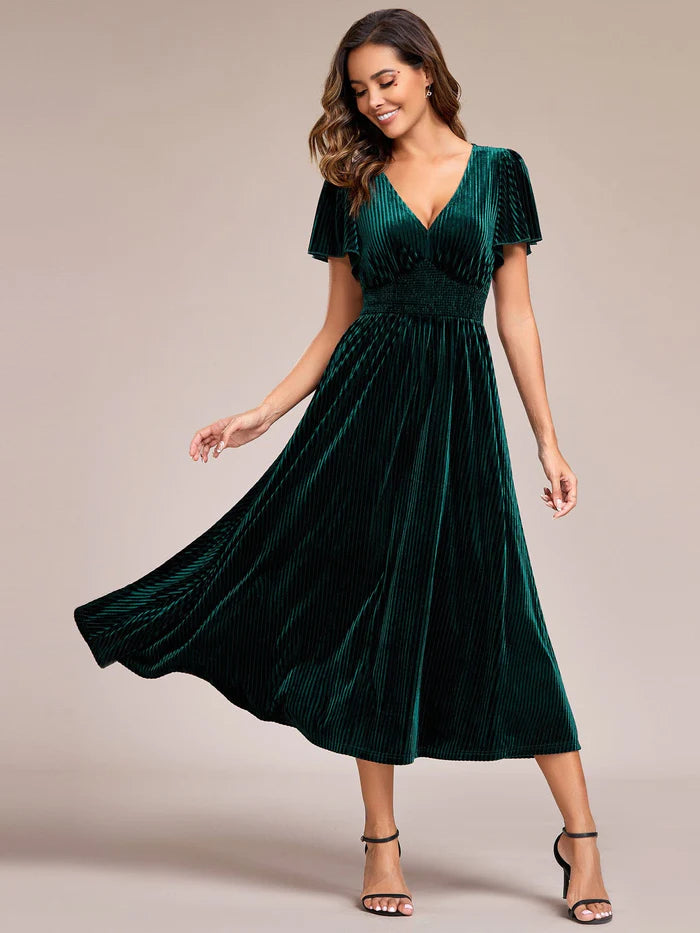 Weekend Deal Striped Velvet Flutter Sleeves V-Neck Midi Wedding Guest Dress