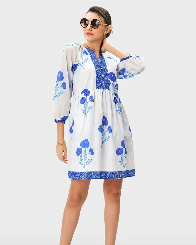Great Deals Floral Print Cotton Voile Tunic Dress | Blue
