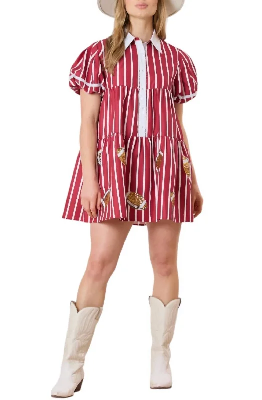 Savings Event Game Day Sequin Footballs Stripe Shirt Dress In Crimson