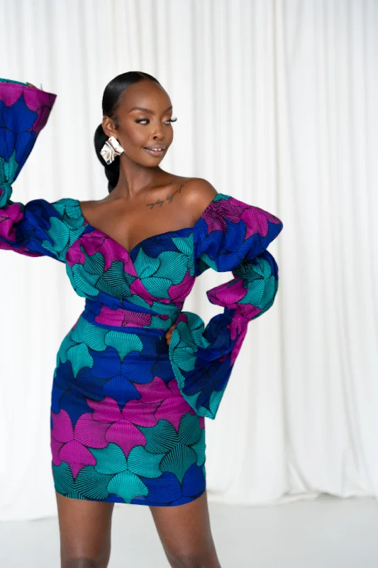 Online Exclusive ZURI African Print Off-shoulder Puffy Sleeve Mini Dress