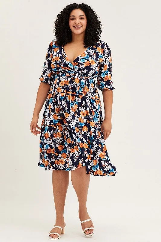 Online Exclusive Floral Print Skater Dress V-neck Three-Quarter Sleeve
