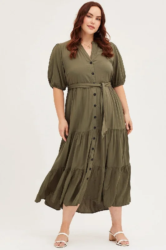 Lowest Price Green Short Sleeve Black Collared Button Midi Dress