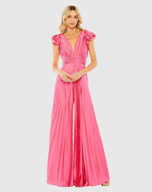 Savings Alert Pink Ruffle Cap Sleeve Cutout Heat Pleated Jumpsuit