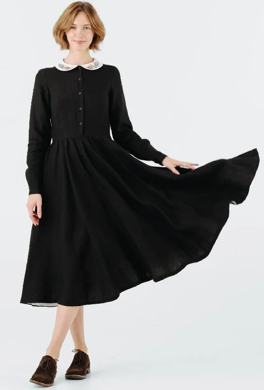 Instant Savings Classic Dress with Embroidered Wildwood Collar, Long Sleeve